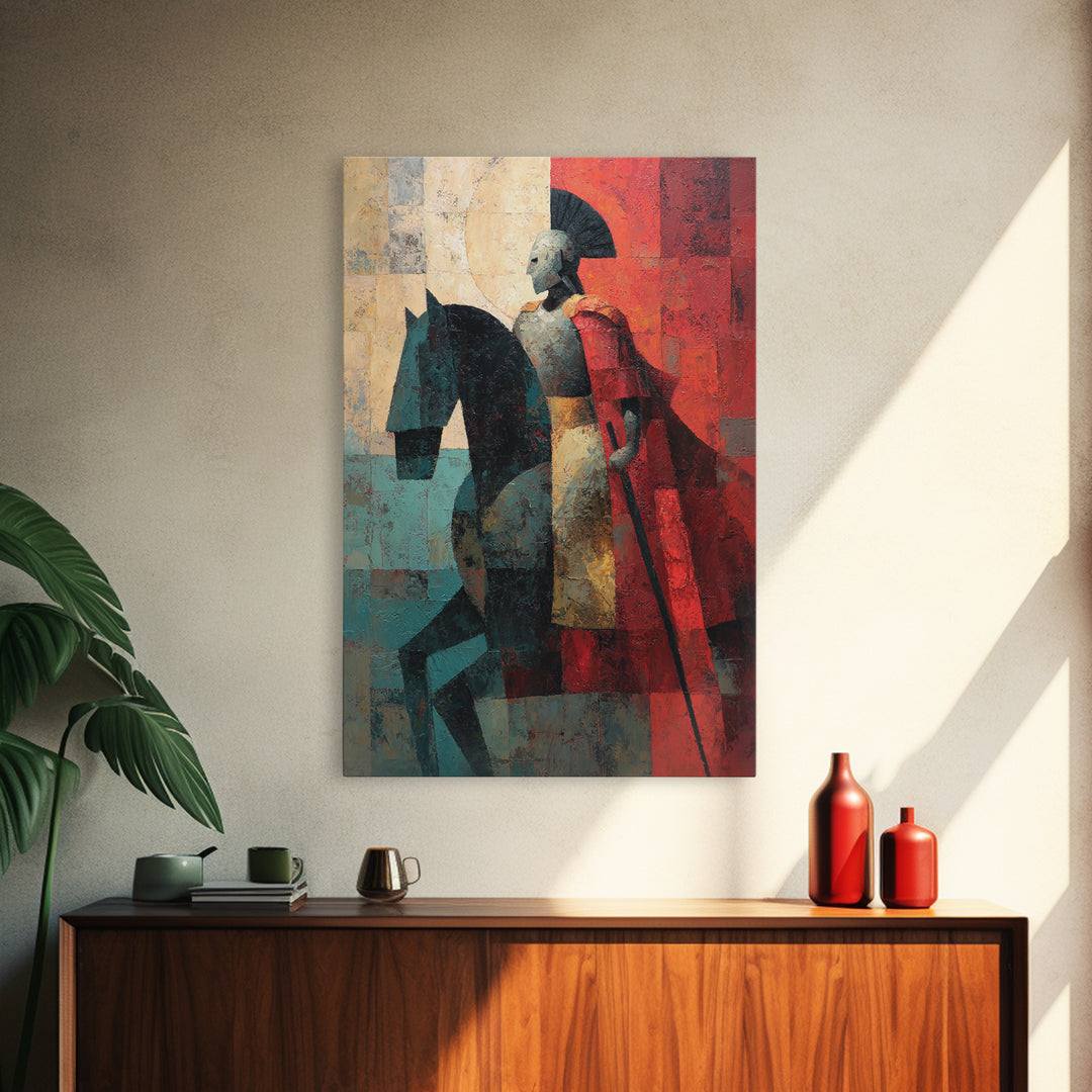 Abstract Roman Cavalry And Red Cloak Framed Canvas Print, Ancient Warrior Wall Decor, Modern Historical Art Print, Gift For Him