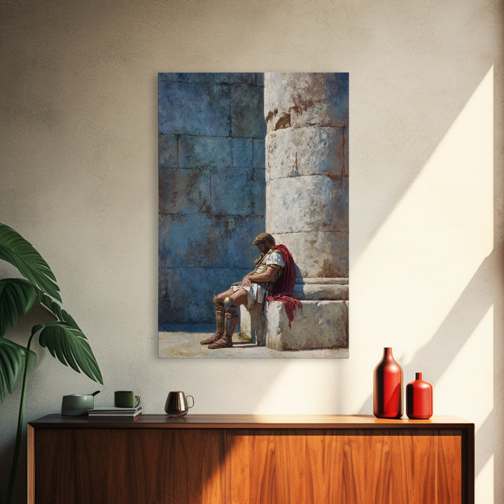 Resting Roman Soldier By Stone Column Wall Art, Ancient Classical Canvas Print, Historical Office Decor For Him, Housewarming Gift