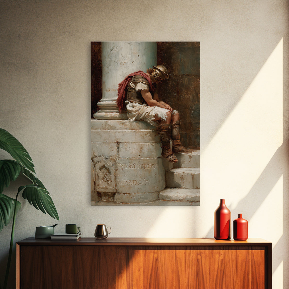 Sleeping Roman Soldier On Marble Steps Framed Canvas Print, Classical Wall Art, Ancient History Decor, Dark Academia Gift