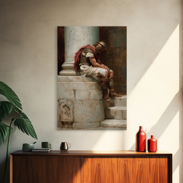 Sleeping Roman Soldier On Marble Steps Framed Canvas Print, Classical Wall Art, Ancient History Decor, Dark Academia Gift