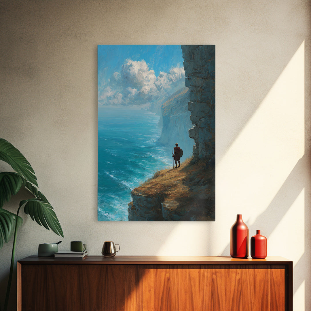 Epic Coastal Cliffside Warrior Painting Wall Art Canvas Print Dramatic Ocean View With Ancient Soldier For Home Decor