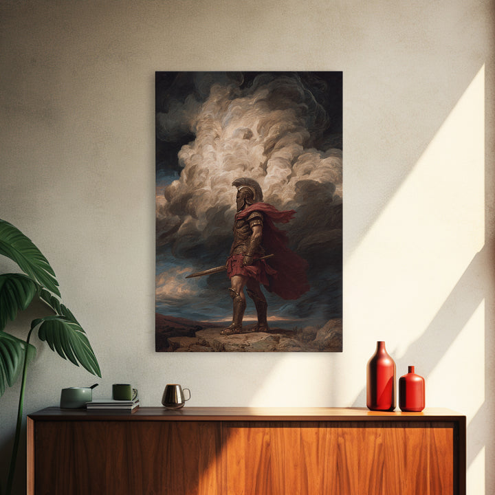 Roman Centurion Under Storm Clouds Framed Canvas Print, Classical Warrior Wall Art, Mythological Decor, Dramatic Office Art
