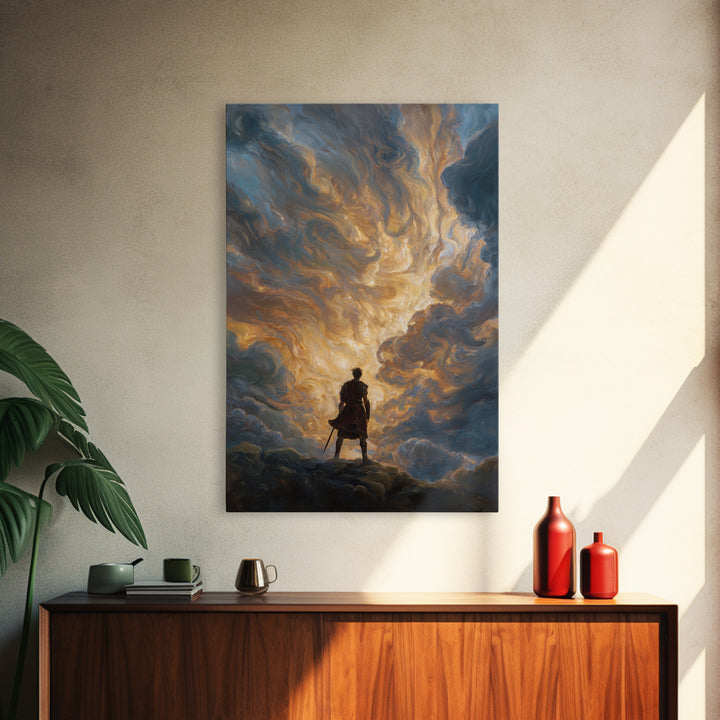 Lone Hero Beneath Golden Storm Clouds Wall Art, Epic Fantasy Canvas Print, Dramatic Sky Modern Living Room Decor, Office Decor
