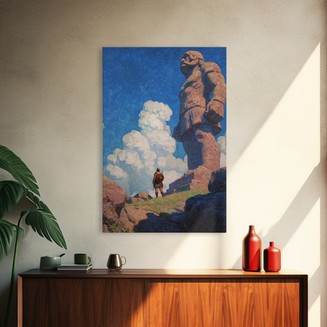 Tiny Warrior Beneath Colossal Stone Giant, Fantasy Wall Art, Mythical Landscape Print, Adventure Decor, Kids Room Art, Unique Gift