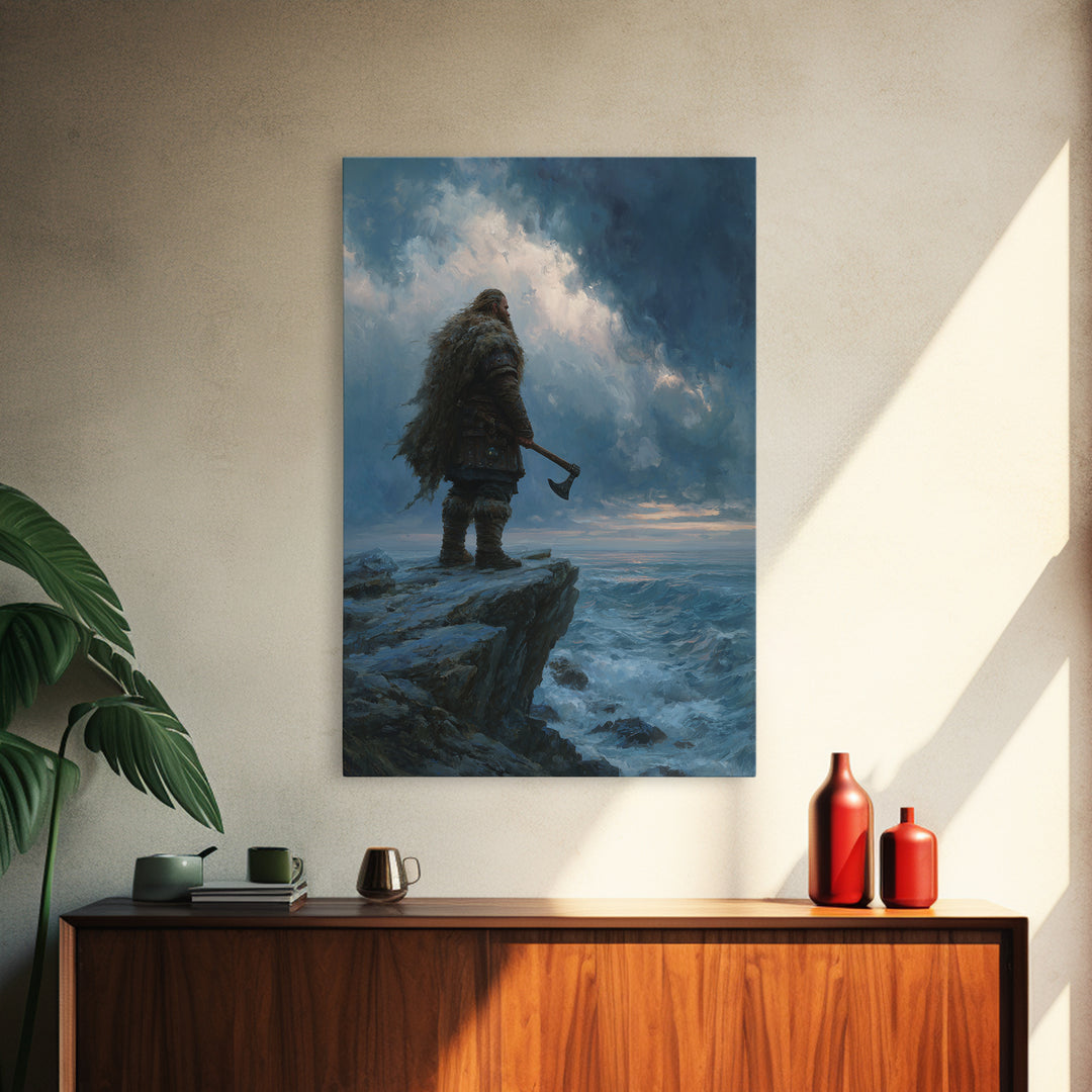 Viking Warrior On Stormy Ocean Cliff Wall Art, Norse Fantasy Canvas, Moody Seascape Print, Masculine Home Decor, Gift For Him