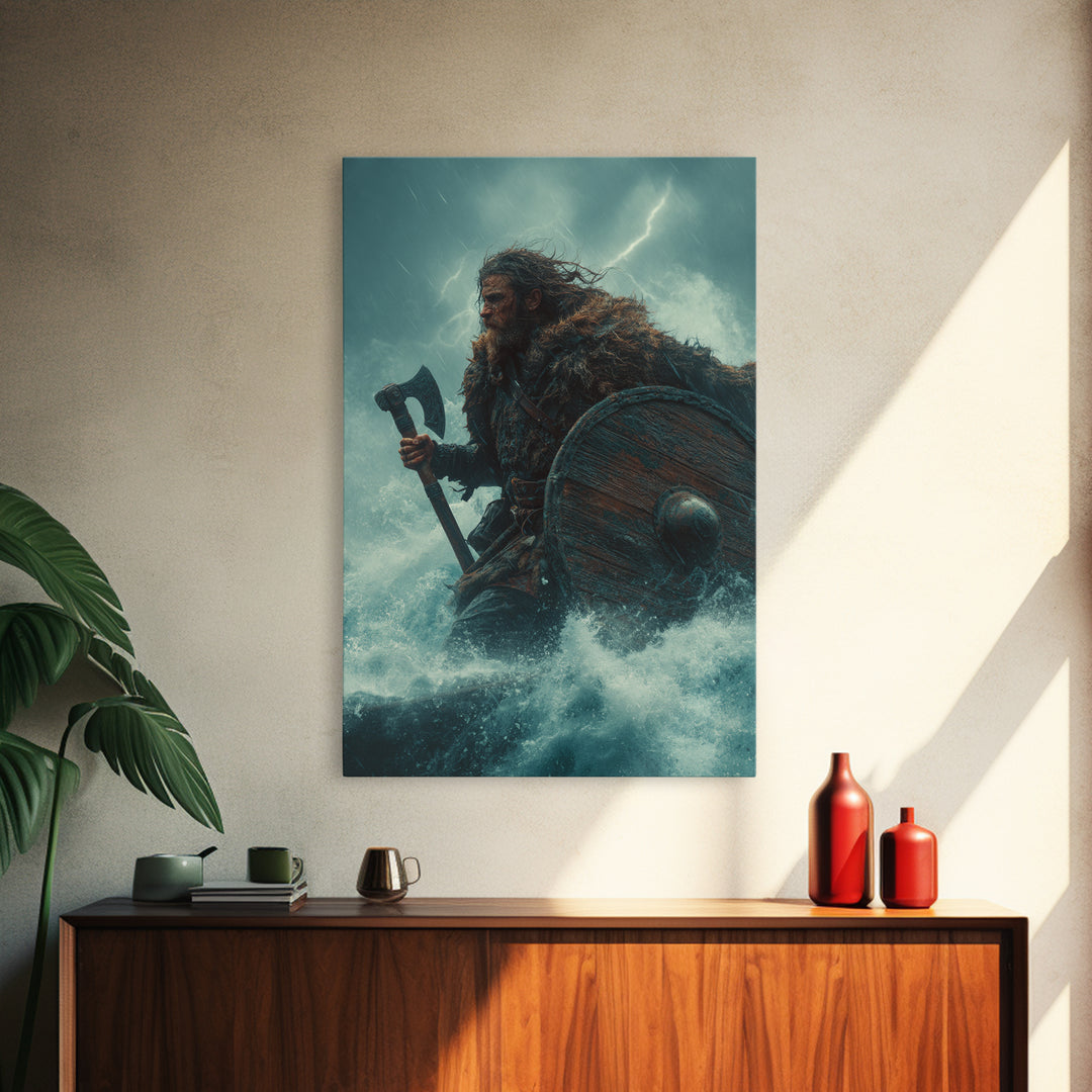 Stormy Viking Warrior With Axe, Norse Seascape Wall Art, Dark Fantasy Canvas Print, Masculine Decor, Gift For Him, Man Cave