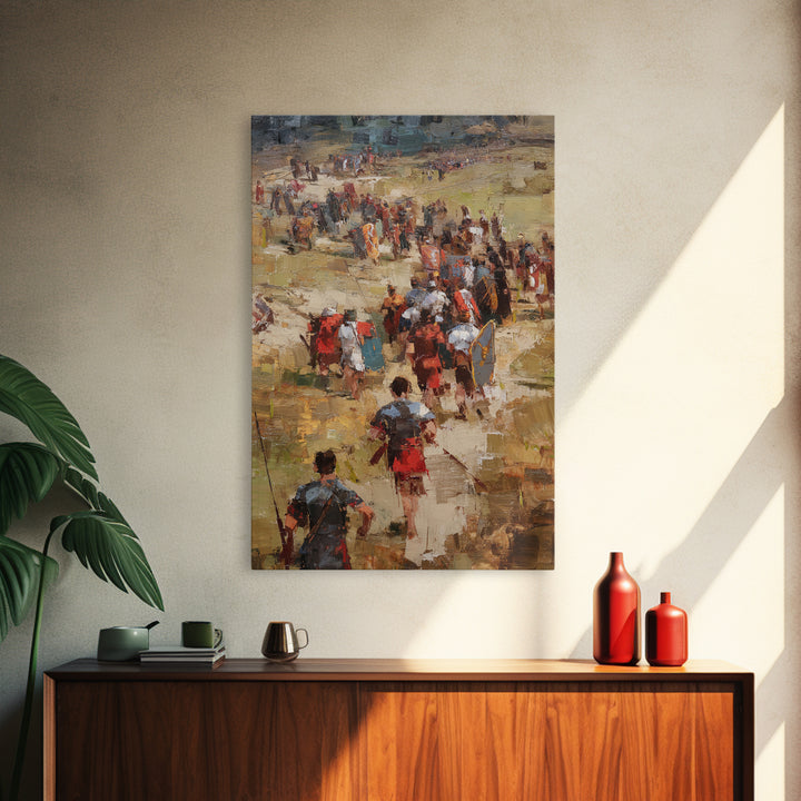 Roman Soldiers Marching Through Sunlit Camp Canvas Print, Impressionist Historical Wall Art, Classical Home Decor, Gift For Him
