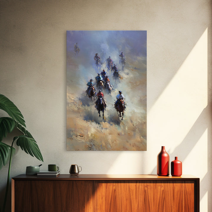 Galloping Cowboys In Dusty Desert Wall Art, Western Horse Racing Painting, Rustic Ranch Decor, Gift For Horse Lover, Living Room Art