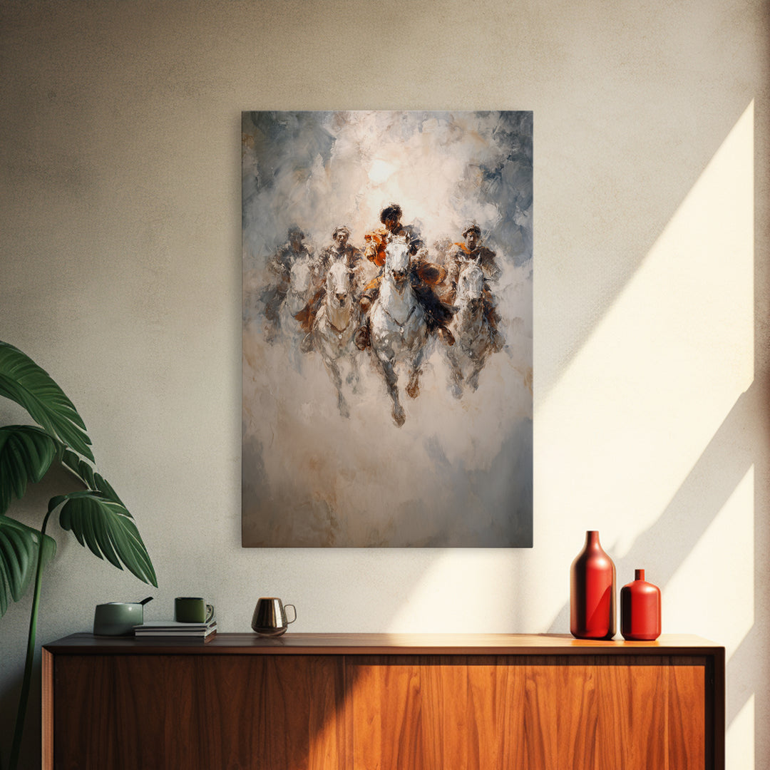 White Horses Charging Through Mist Canvas Print, Abstract Equine Painting, Equestrian Wall Art, Modern Farmhouse Decor Gift