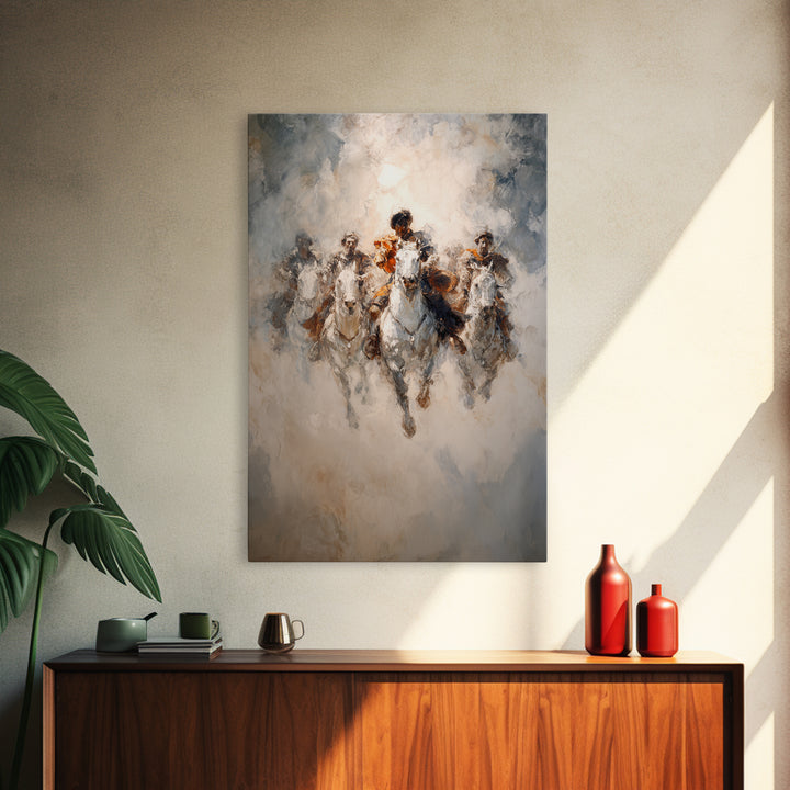 White Horses Charging Through Mist Canvas Print, Abstract Equine Painting, Equestrian Wall Art, Modern Farmhouse Decor Gift