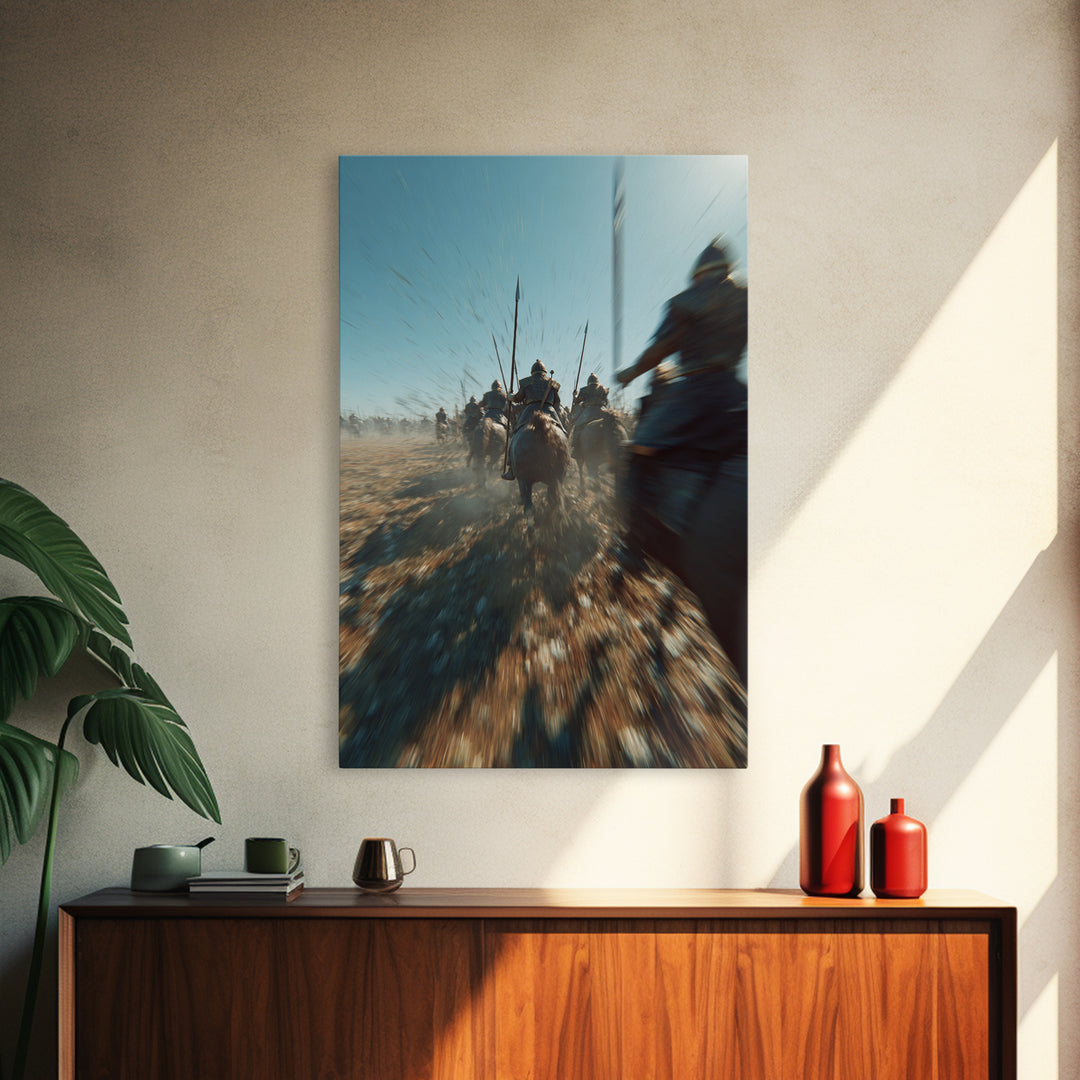 Ancient Cavalry Charge Across Dusty Battlefield Canvas Print, Epic Battle Wall Art, Horse Racing Decor, Masculine Art Gift For Him