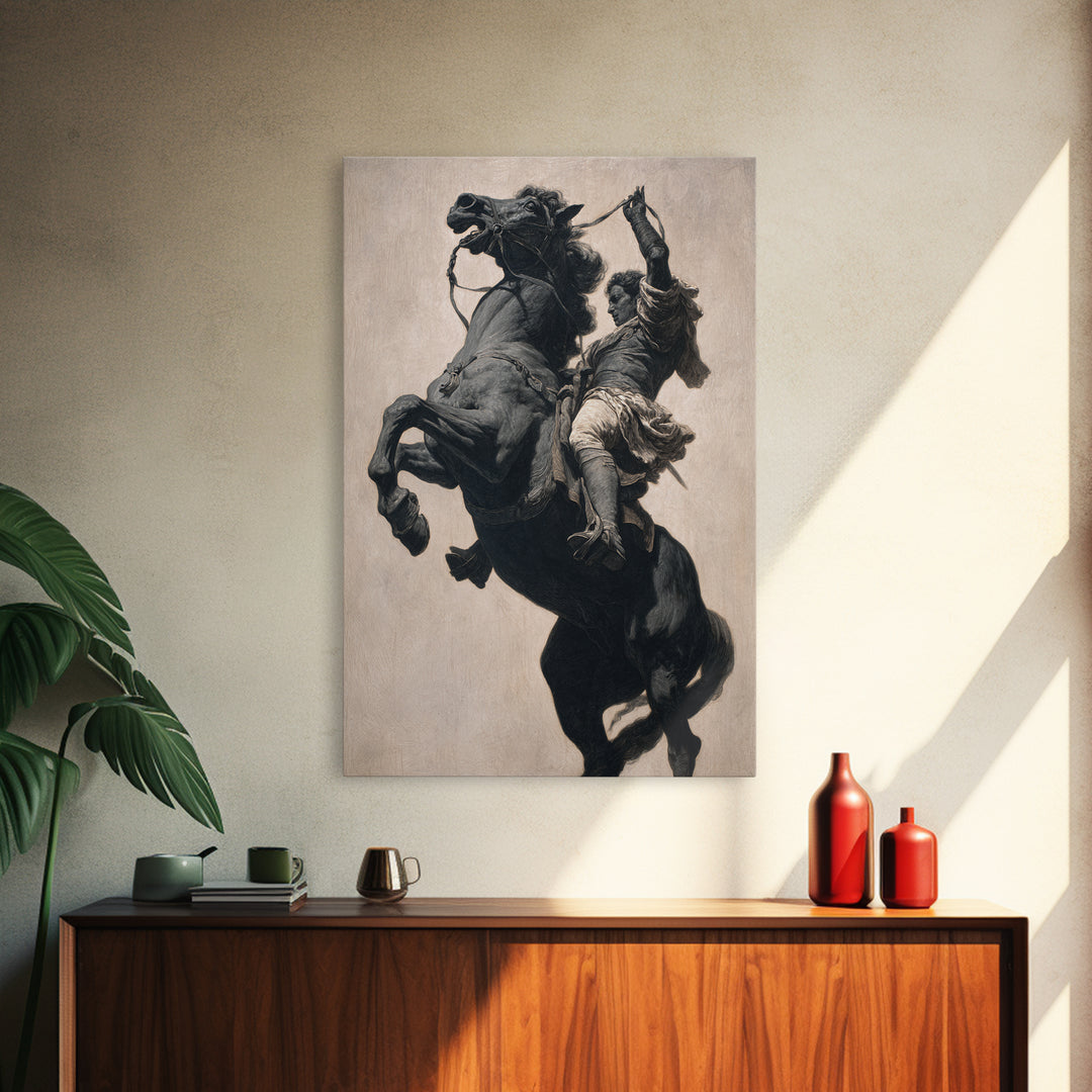 Rearing Black Horse And Rider Framed Canvas Print, Dramatic Equestrian Wall Art, Western Decor, Horse Lover Gift For Ranch Home