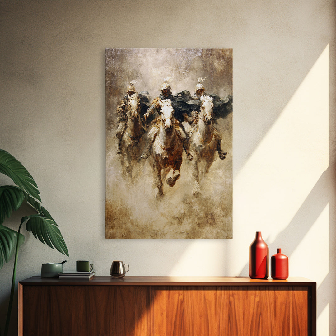 Charging Medieval Cavalry Riders Wall Art, Dramatic Horse Battle Canvas Print, Rustic Fantasy Decor, Large Living Room Decor