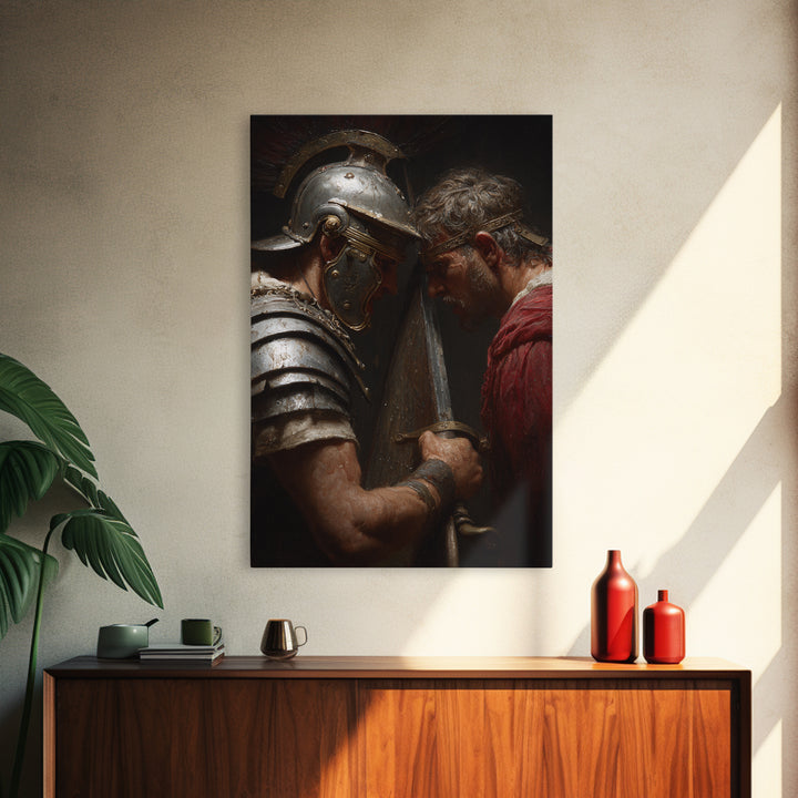 Roman Gladiator Face Off With Sword Wall Art, Intense Ancient Duel Canvas Print, Dark Masculine Office Decor, Gift For Him