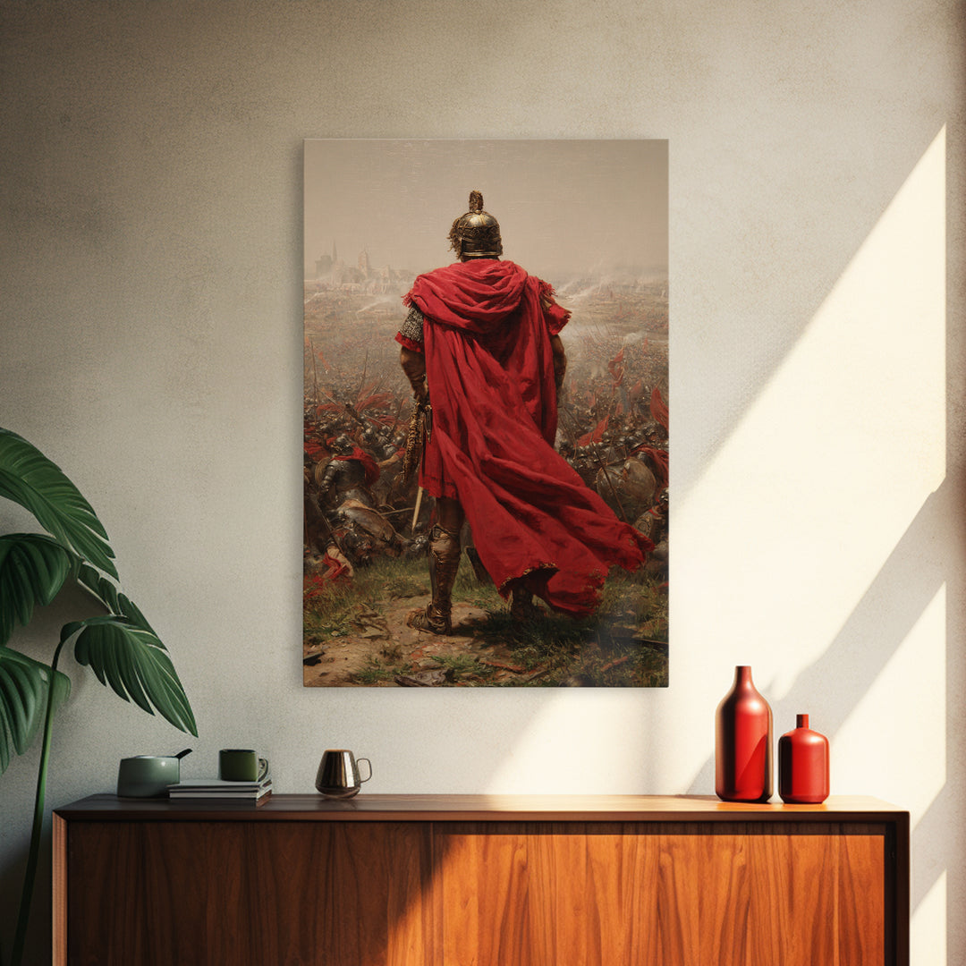 Roman General Red Cloak Wall Art, Epic Battlefield Oil Painting, Ancient Warrior Canvas Decor For Masculine Office Gift Idea