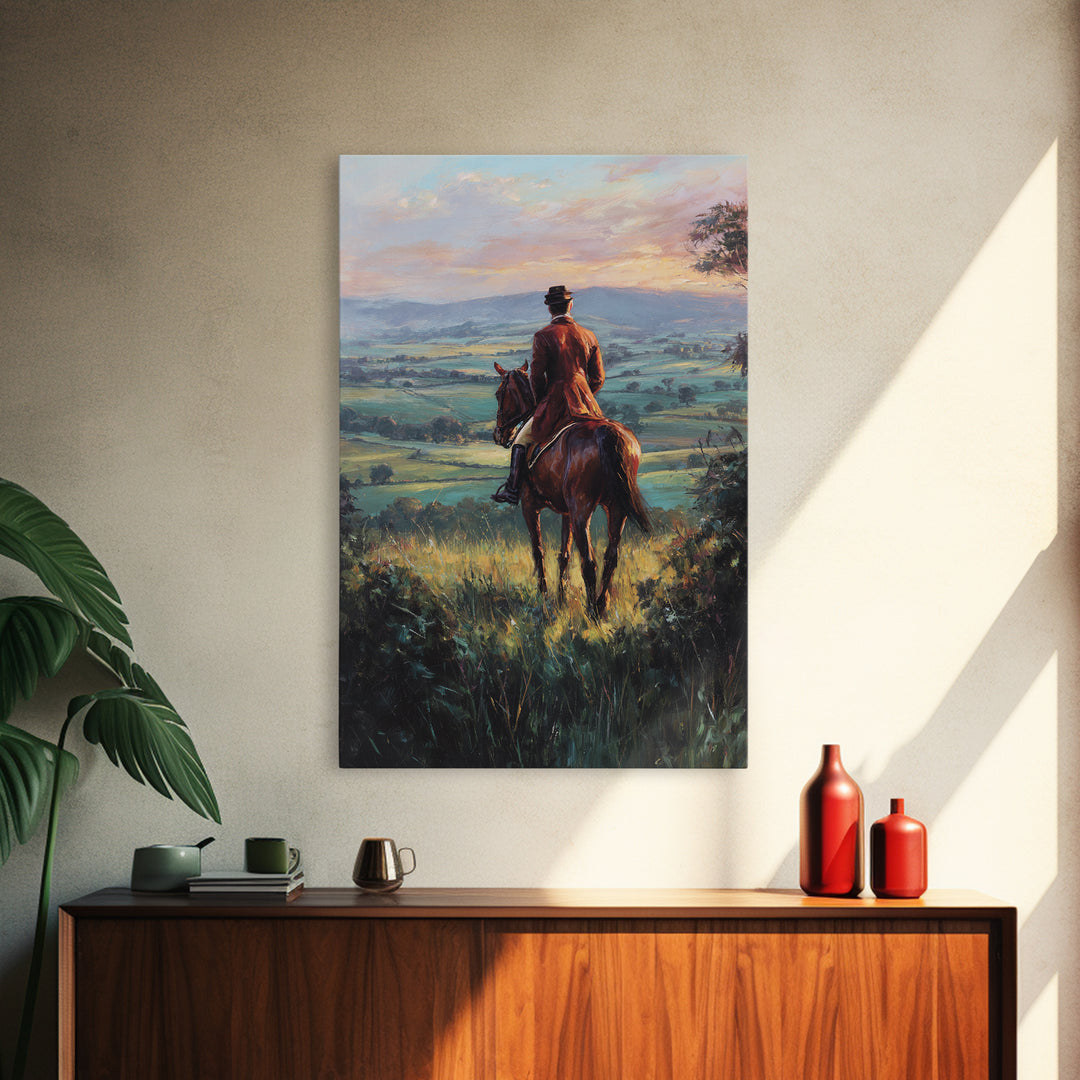 Rider On Horse Over Rolling Countryside Canvas Print, Equestrian Wall Art, Country Landscape Painting, Rustic Home Decor