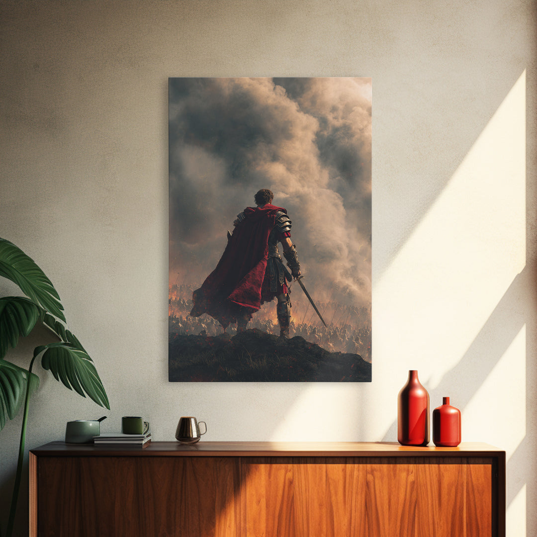 Roman Commander Over Burning Battlefield Framed Canvas Print, Ancient Warrior Wall Art, Dramatic History Decor, Gift For Him