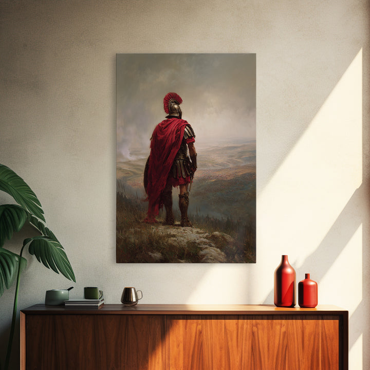 Roman Centurion In Red Cloak Overlooking Battlefield Wall Art, Ancient Warrior Canvas Print For Office Decor And Gift For Him