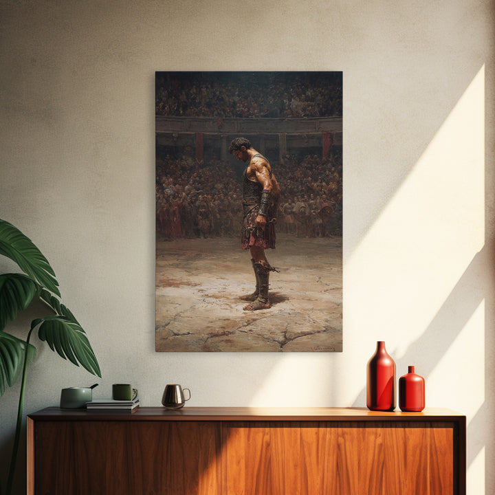 Gladiator In Arena Framed Canvas Print, Roman Warrior Oil Painting, Ancient History Wall Decor And Masculine Office Art Gift