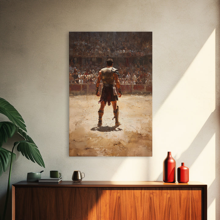 Gladiator Standing In Sunlit Ancient Arena Wall Art, Roman Warrior Canvas Print For Man Cave Decor And Masculine Office Art