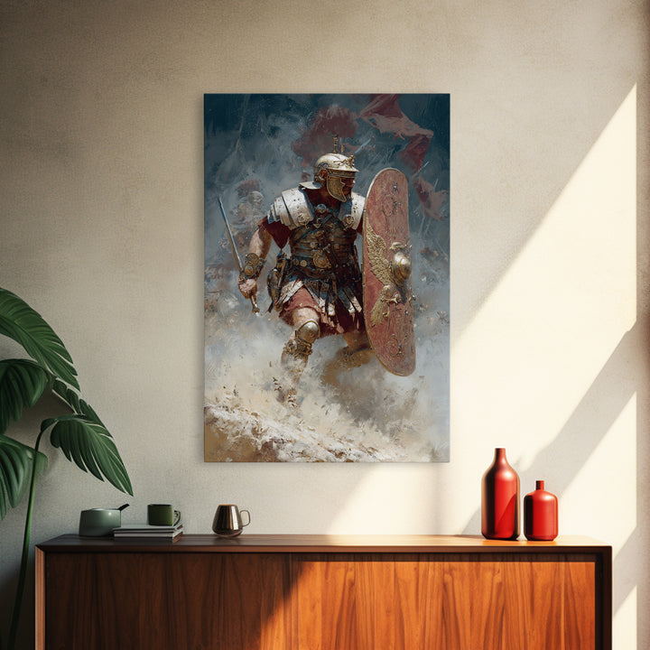 Roman Legionary Charging Into Battle Framed Canvas Print, Ancient Warrior Wall Art, Historical Decor, Masculine Office Art
