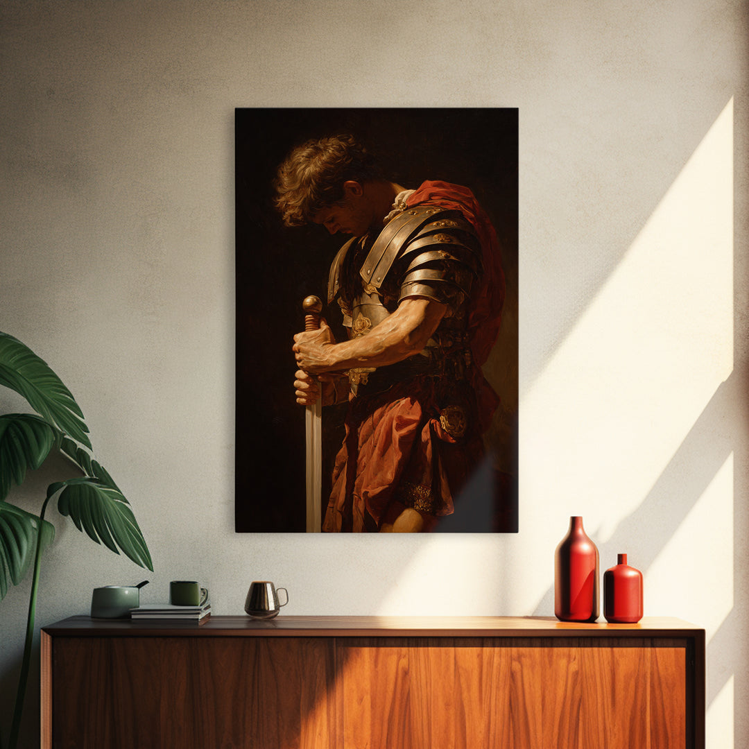 Roman Commander With Sword Framed Canvas Print, Dramatic Warrior Wall Art, Classical Oil Painting, Dark Academia Office Decor