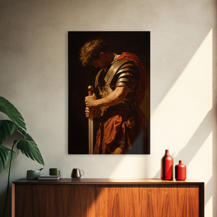 Roman Commander With Sword Framed Canvas Print, Dramatic Warrior Wall Art, Classical Oil Painting, Dark Academia Office Decor