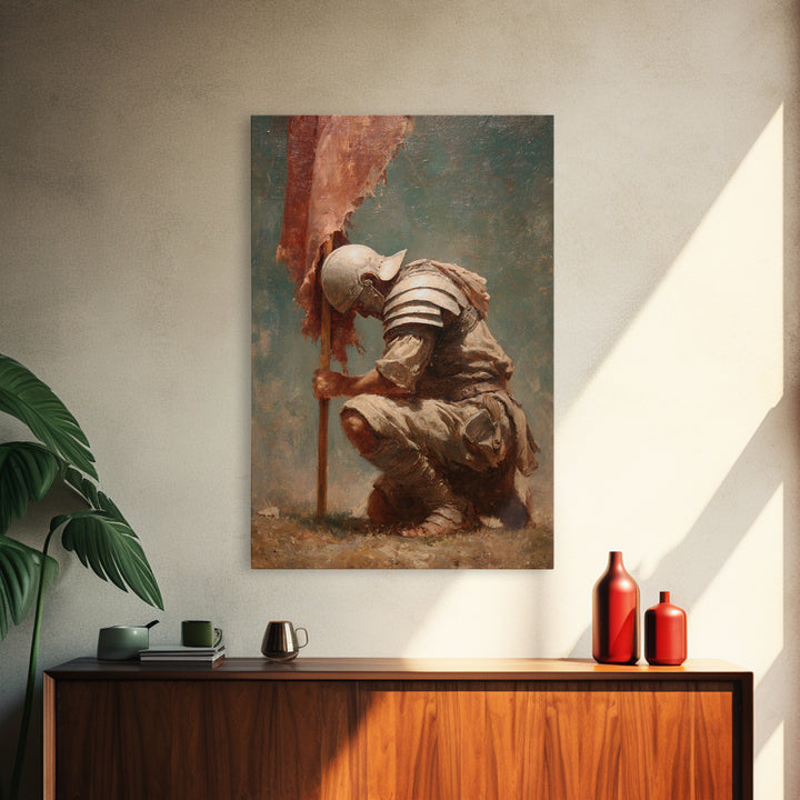 Kneeling Medieval Soldier With Torn Banner Wall Art, Somber Warrior Canvas Print, Historical Battle Decor, Memorial Gift
