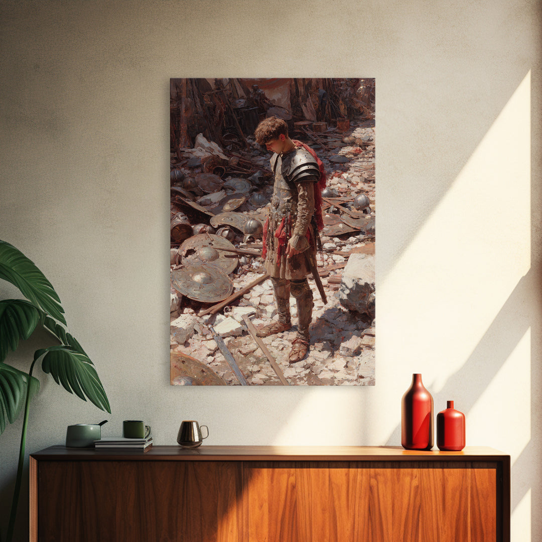 Young Warrior Among Fallen Shields Framed Canvas Print, Roman Battle Oil Painting, Historical Wall Art, Teen Boys Room Decor Gift