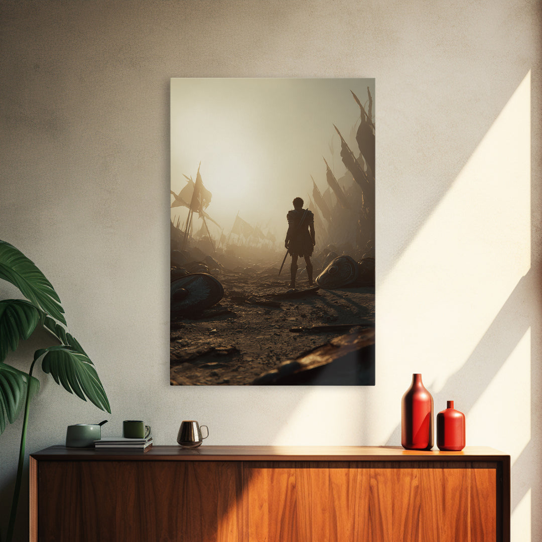 Lone Ancient Warrior In Sunlit Battlefield Canvas Print, Epic Fantasy Wall Art, Greek Battle Decor, Masculine Office Art