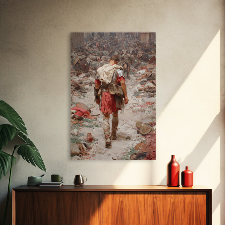 Historic Roman Soldier Amidst Battle Aftermath Detailed Painting Wall Art Canvas Print For History Buffs And Home Decor