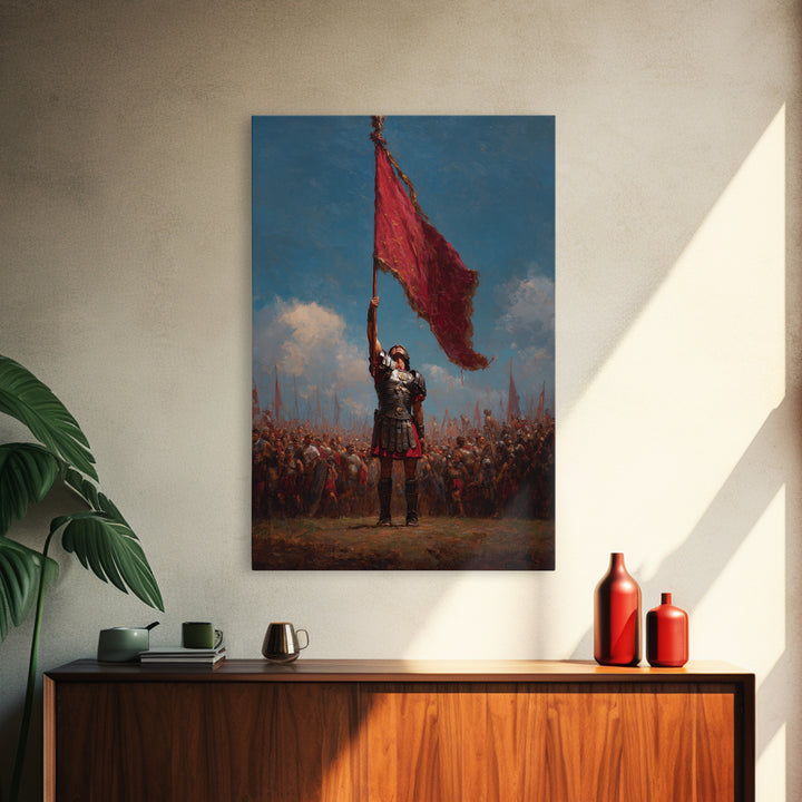 Roman Warrior Raising Red Battle Flag Wall Art, Historical Soldier Canvas, Dramatic Legion Artwork, Gift For Him, Living Room Decor