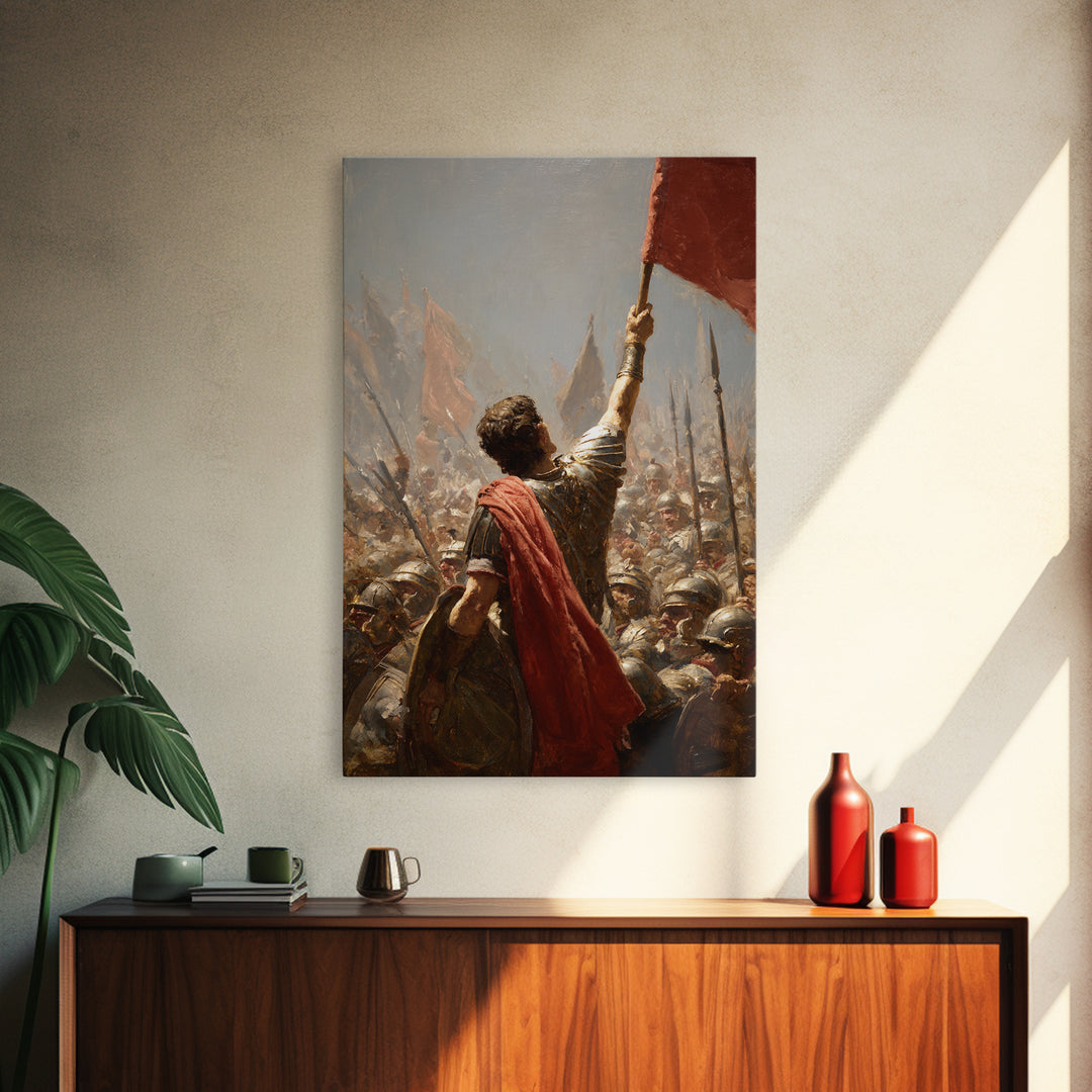Roman Standard Bearer In Battle Wall Art, Dramatic Warrior Oil Painting, Historical Fine Art Print, Masculine Office Decor