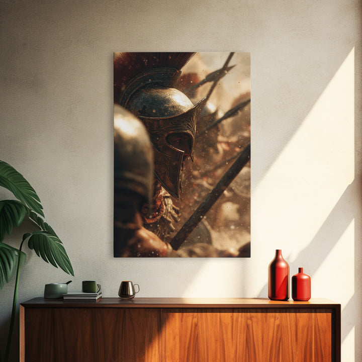 Bronze Spartan Helmet In Ancient Battle Canvas Print, Greek Warrior Wall Art, Historical Office Decor, Masculine Gift For Him