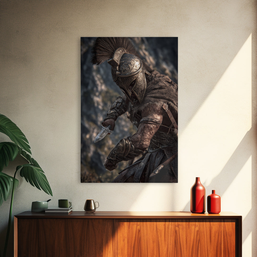 Armored Spartan Warrior With Bronze Helmet Wall Art, Ancient Greek Canvas Print, Masculine Office Decor, History Gift For Him