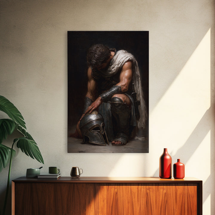 Kneeling Gladiator With Helmet Framed Canvas Print, Roman Warrior Oil Painting, Dark Academia Wall Art, Masculine Decor Gift