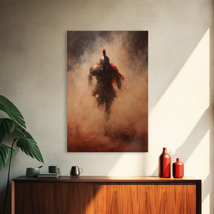 Spartan Warrior Emerging Through Red Smoke, Canvas Print, Dramatic Battle Wall Art, Ancient Greek Decor, Masculine Art, Gift For Him