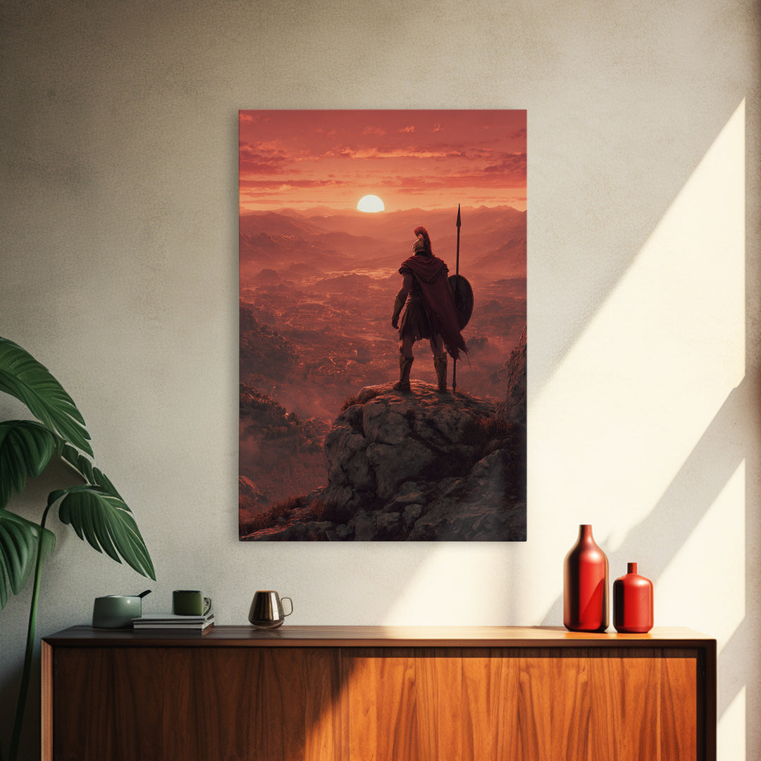 Spartan Warrior At Red Sunset, Epic Landscape Wall Art, Greek Soldier Canvas Print, Masculine Office Decor, Gift For Him