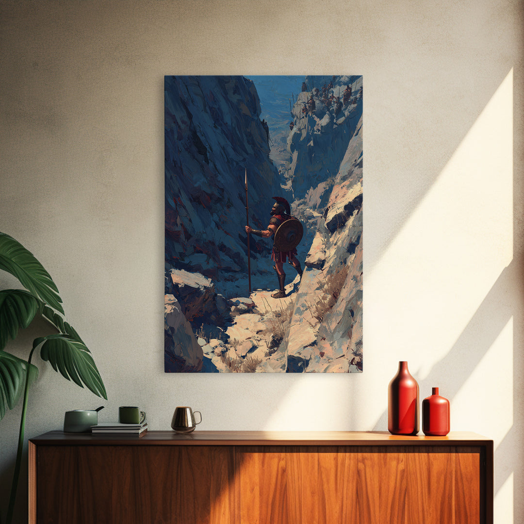 Spartan Warrior In Snowy Mountain Pass Framed Canvas Print, Ancient Greek Wall Art, Masculine Office Decor Gift, Housewarming Gift