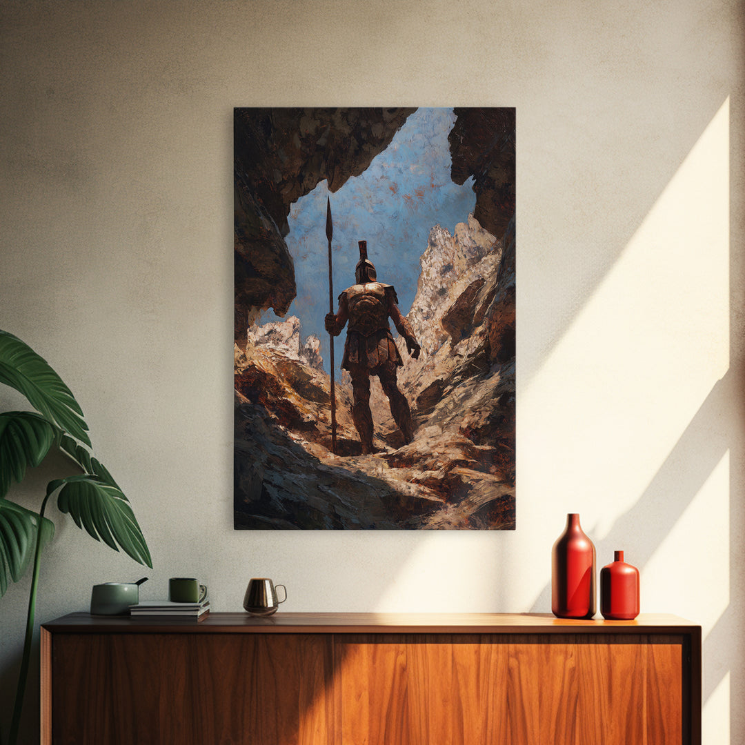 Spartan Warrior In Mountain Cave Framed Canvas Print, Ancient Greek Wall Art, Fantasy Adventure Decor, Gift For Him, Office Decor