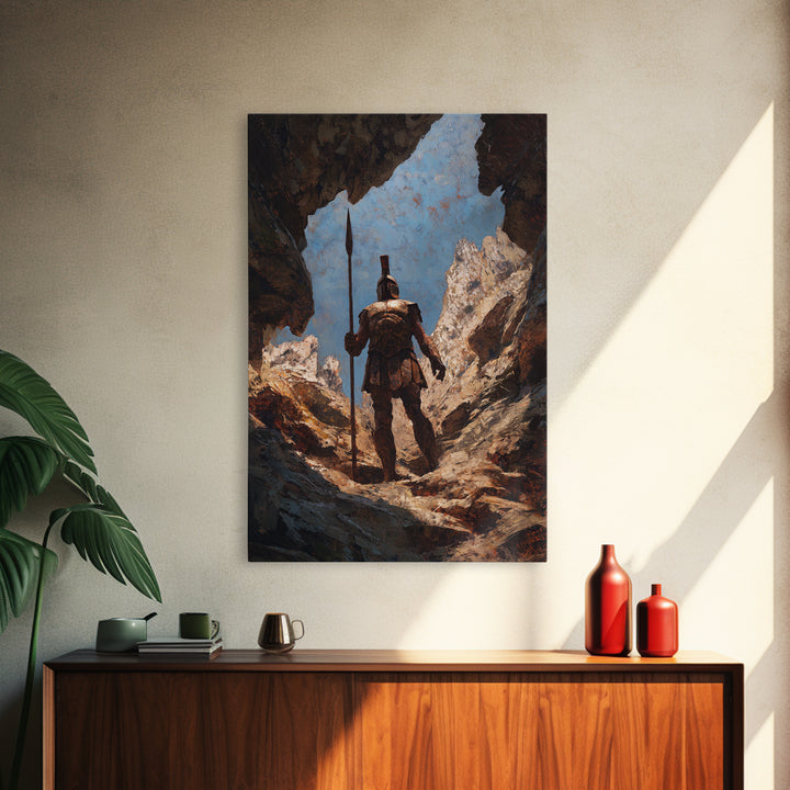 Spartan Warrior In Mountain Cave Framed Canvas Print, Ancient Greek Wall Art, Fantasy Adventure Decor, Gift For Him, Office Decor
