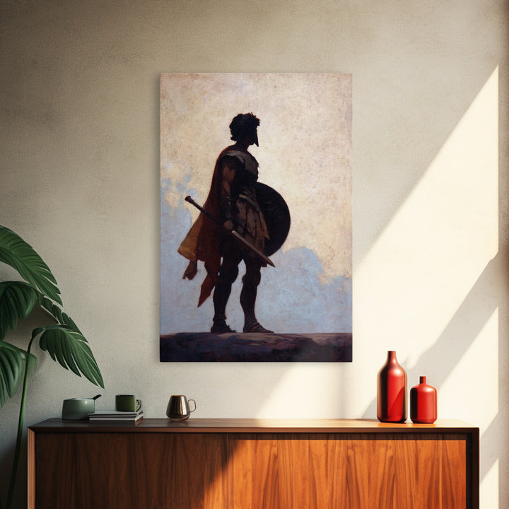 Ancient Warrior Silhouette With Shield And Sword Wall Art, Roman Soldier Canvas, Masculine Office Decor, Historical Fine Art Print