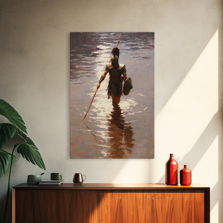 Solitary Spartan Warrior In Shimmering Water Wall Art, Ancient Spear Canvas Print, Greek History Living Room And Office Decor