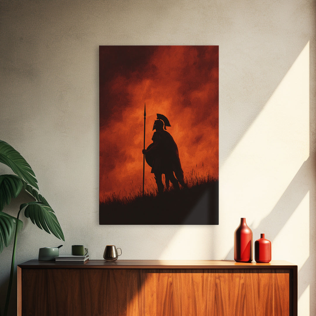 Spartan Silhouette At Red Sunset Wall Art, Ancient Warrior Canvas Print, Dramatic Battle Painting, Masculine Decor Gift For Him