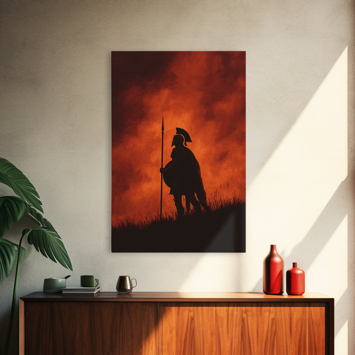 Spartan Silhouette At Red Sunset Wall Art, Ancient Warrior Canvas Print, Dramatic Battle Painting, Masculine Decor Gift For Him