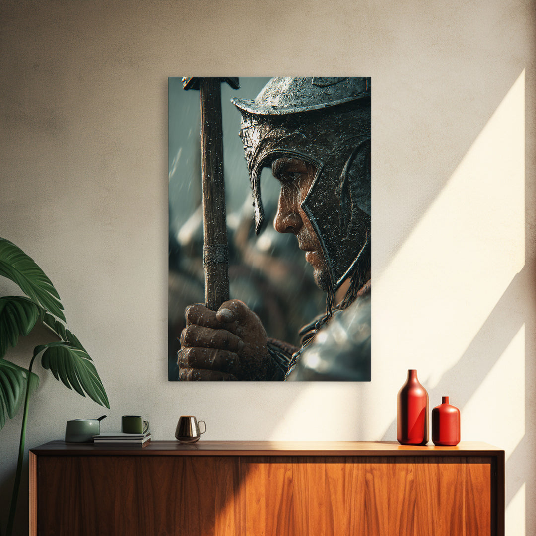 Rain Soaked Warrior Helmet Closeup Canvas Print, Spartan Soldier Wall Art, Dark Historical Decor, Masculine Gift For Him