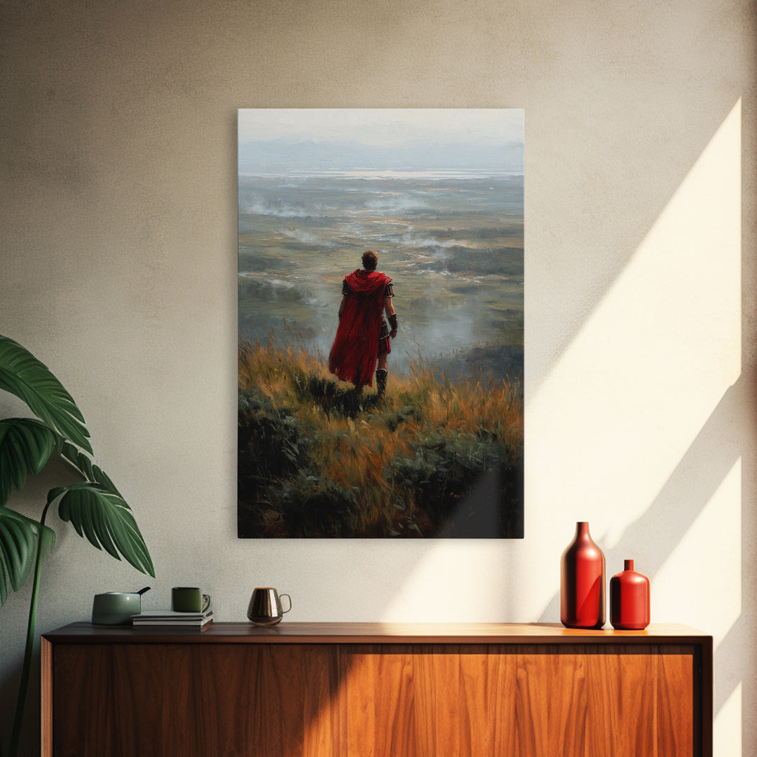 Roman Soldier In Red Cape Over Misty Valley Wall Art, Historical Landscape Painting, Moody Warrior Art Decor, Gift For Him