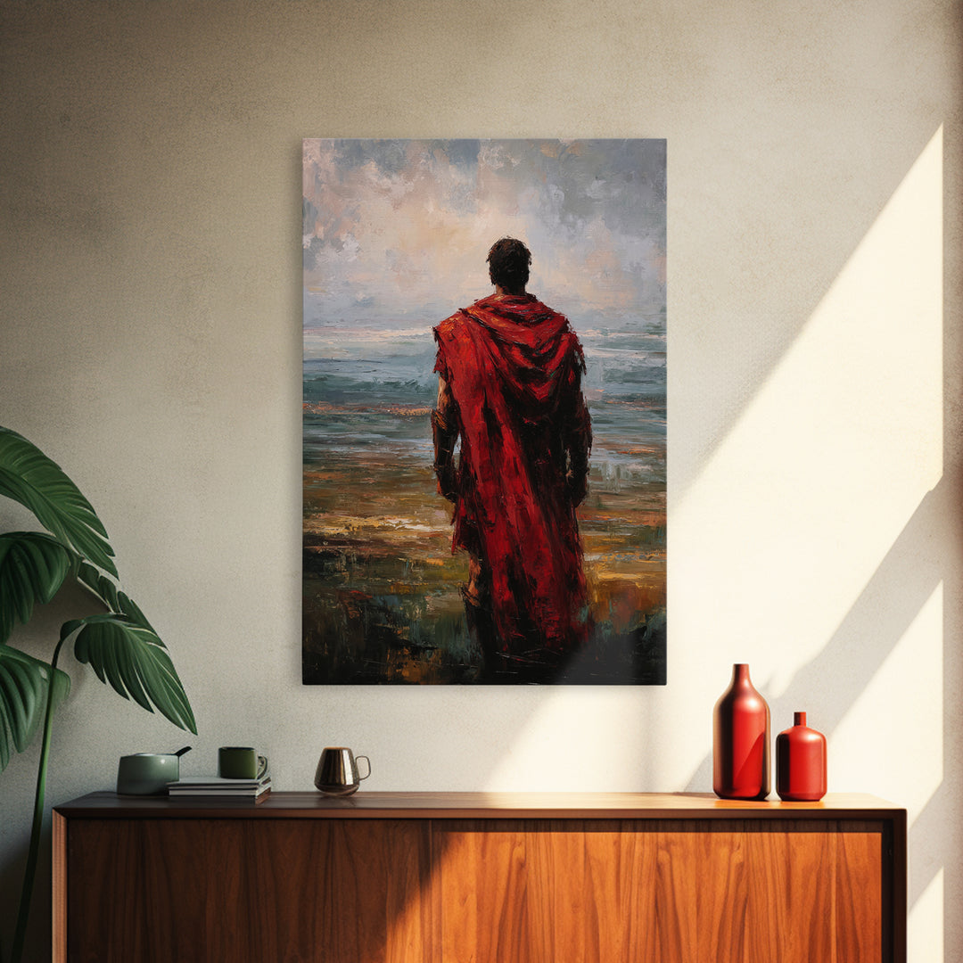 Red Cloaked Warrior Gazing At Sea Canvas Print, Moody Seascape Oil Painting, Roman Wall Art, Masculine Living Room Decor