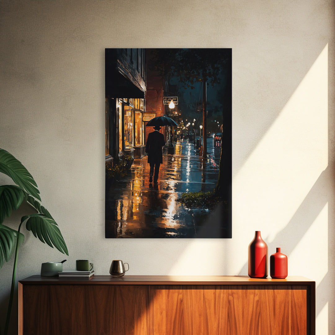 Rainy City Street With Umbrella At Night Wall Art, Moody Urban Landscape Print, Noir Office Decor, Modern Home Decor, Contemporary Art