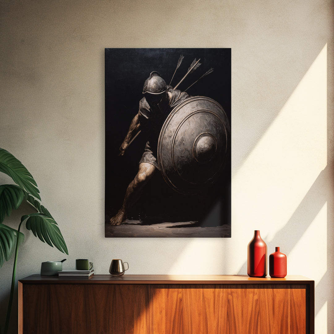 Wounded Medieval Knight Framed Canvas Print, Dark Academia Wall Art, Gothic Warrior Painting, Masculine Office Decor Gift